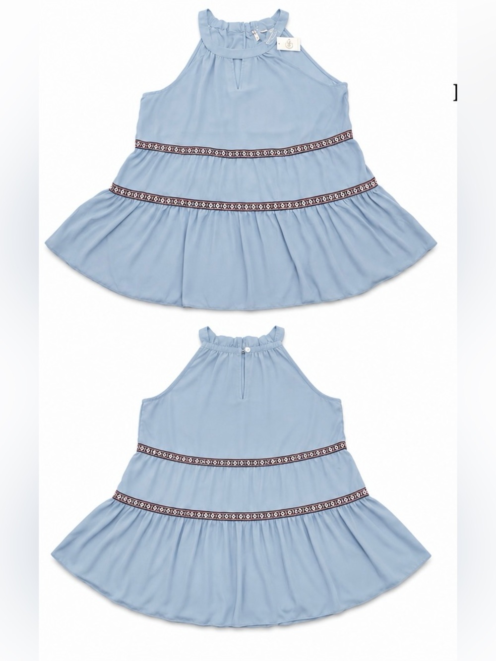 Cato Light Blue Tiered Halter Dress Embroidered Trim XL  NWT